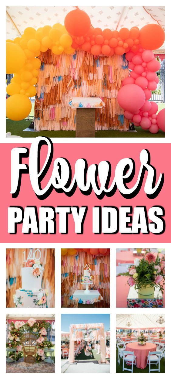 a collage of photos with the words flower party ideas in pink, yellow and orange