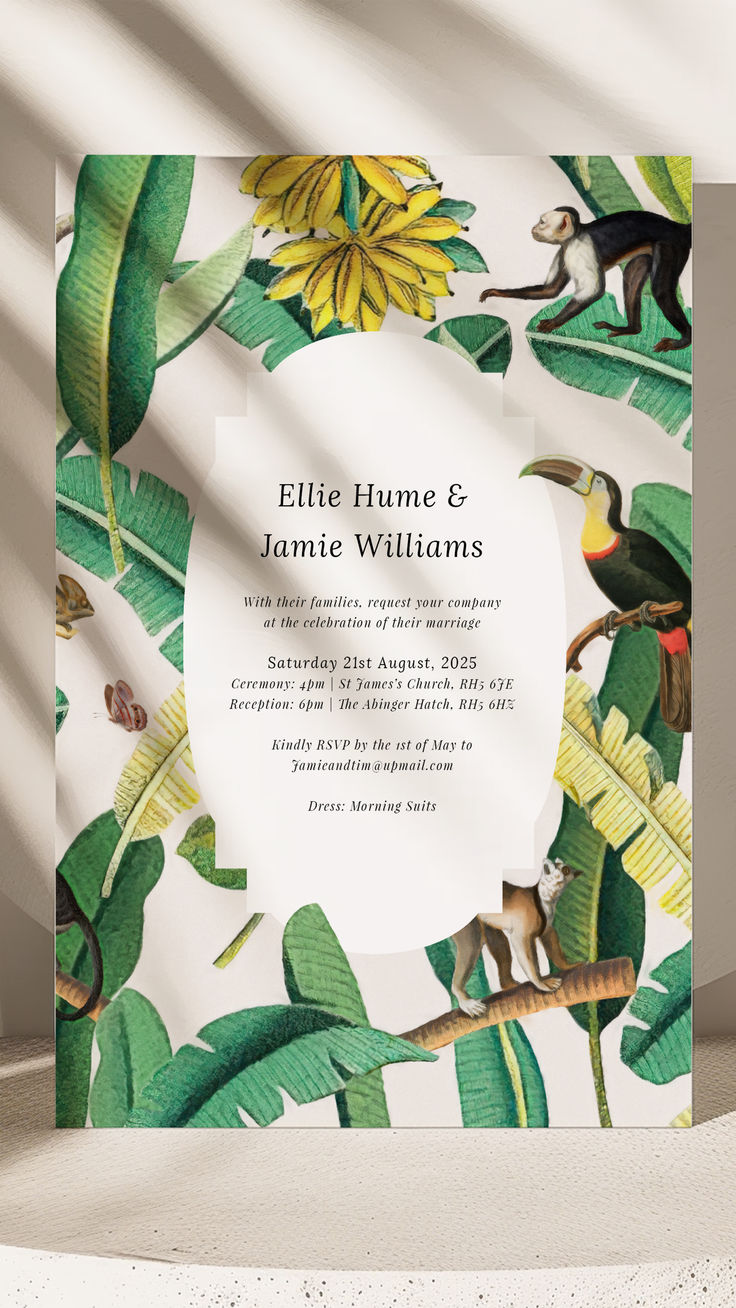 Tropical jungle-themed wedding invitation with vibrant plants and animals, ideal for nature-inspired weddings. Tropical Wedding Invite, Tropical Jungle Wedding, Cream Wedding Invitations, Jungle Wedding, Square Wedding Invitations, Minted Wedding Invitations, Tropical Invitations, Adventurous Wedding, Wreath Wedding Invitations