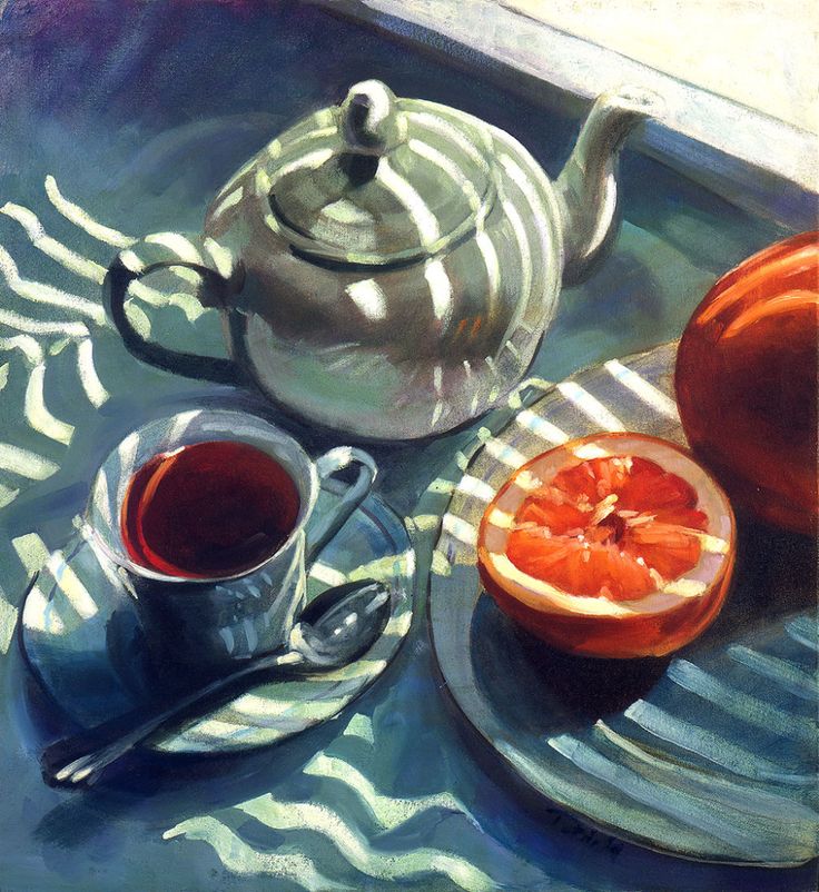 a painting of a teapot and some fruit on a tray with a cup of coffee