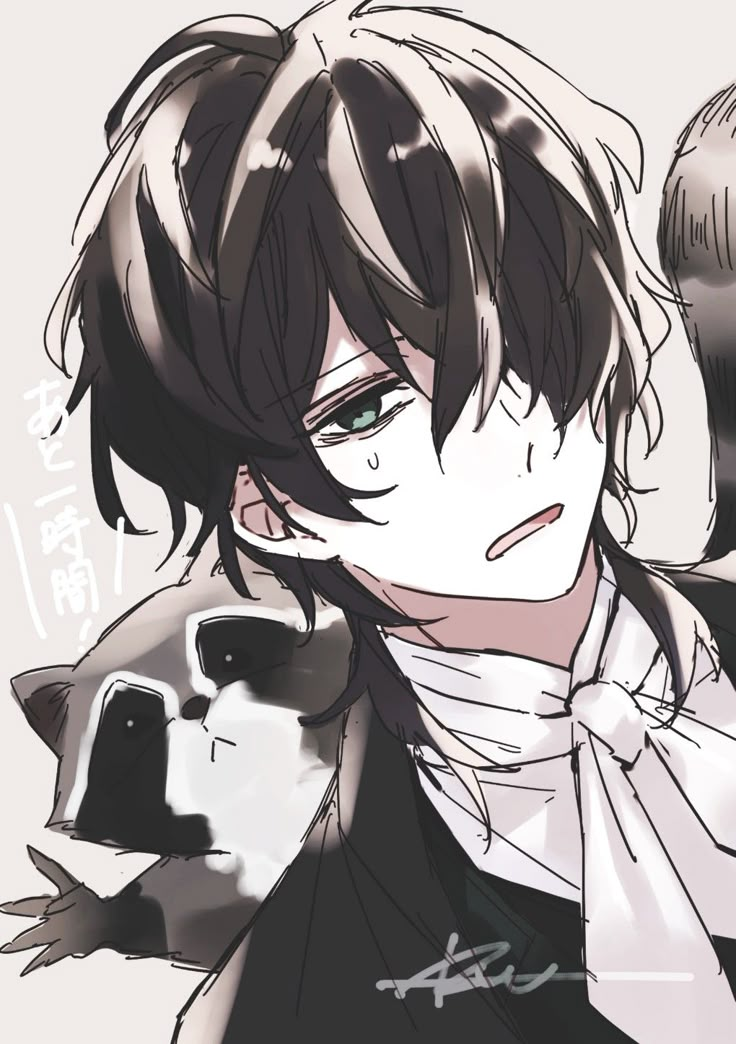 an anime character with black hair and green eyes holding a white cat in his hand