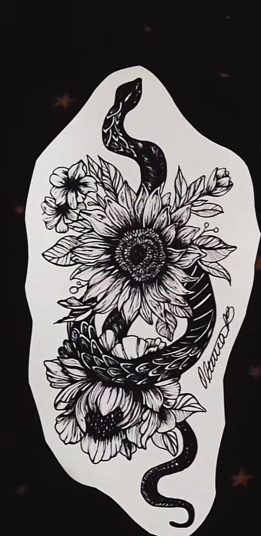 a black and white drawing of a snake with sunflowers on it's back