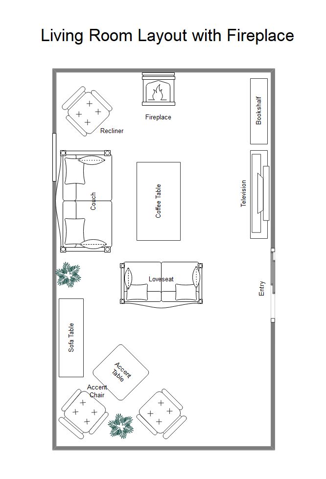 the floor plan for a living room layout with fireplace