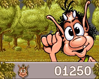 an old computer game with a cartoon character pointing at the viewer and trees in the background