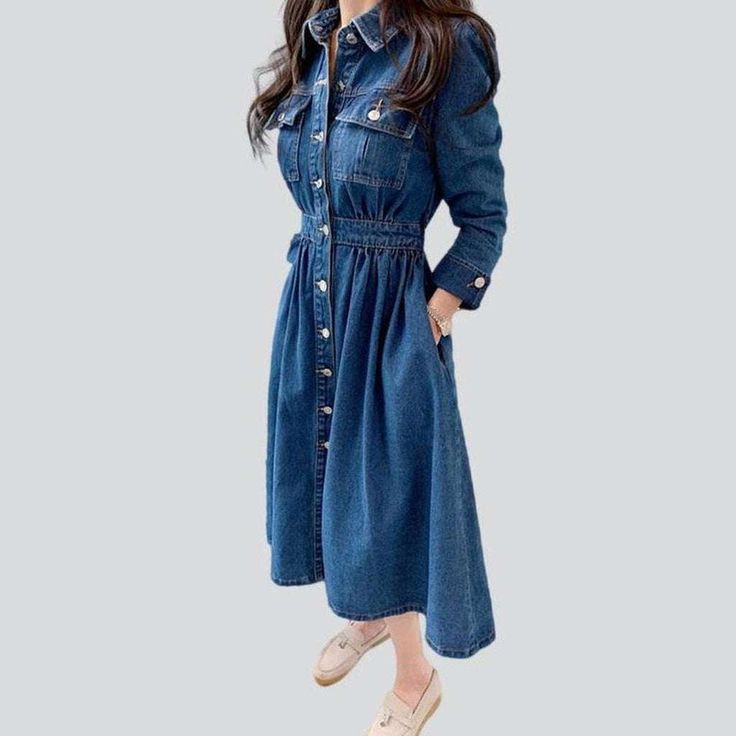 Introducing our 2023 Spring Collection Full-length Sleeve Flare Denim Dress a stylish city-style staple with a medium wash. fit and flare silhouette. and buttoned closure. This dress is the perfect piece for any fashion enthusiast who loves to make a statement!Distinctive Features: Denim Dominance: Crafted from a durable denim fabric. this dress's medium wash adds just the right amount of stylish flair. Fit & Flare: Show off your curves with this dress's slim fit and flattering bell-shaped hem. Secure In Yourself, Denim Dresses Online, Spring Collection Fashion, Womens Denim Dress, Ageless Style, Fashion Enthusiast, Denim Flares, Spring Collection, Denim Fabric