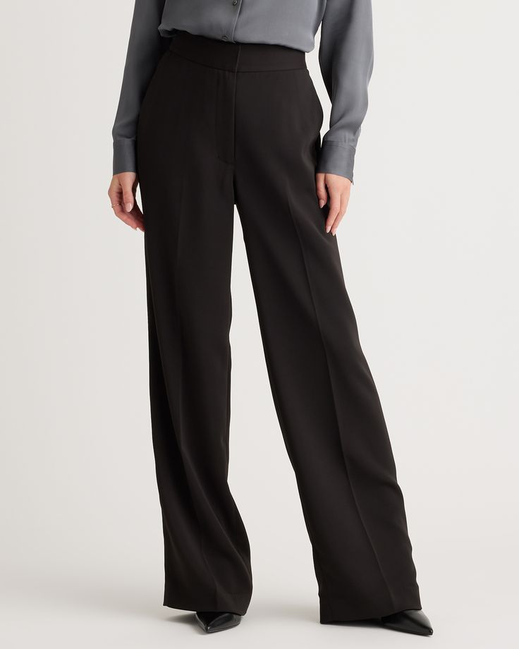 Seeking instant polish. That's the gist of our Stretch Crepe Classic Trouser Pants. Crafted from a drapey, wrinkle-resistant fabric, these pants keep it comfy and sleek at the same time, whether you're heading to the office or out and about.  | Quince | Women's Stretch Crepe Classic Trouser Pants in Black, Size 2, Recycled Polyester Quince Pants, Uzun Boy, Crepe Pants, Classic Trousers, Ponte Pants, Trouser Pants Women, Stretch Crepe, Out And About, Business Casual Outfits