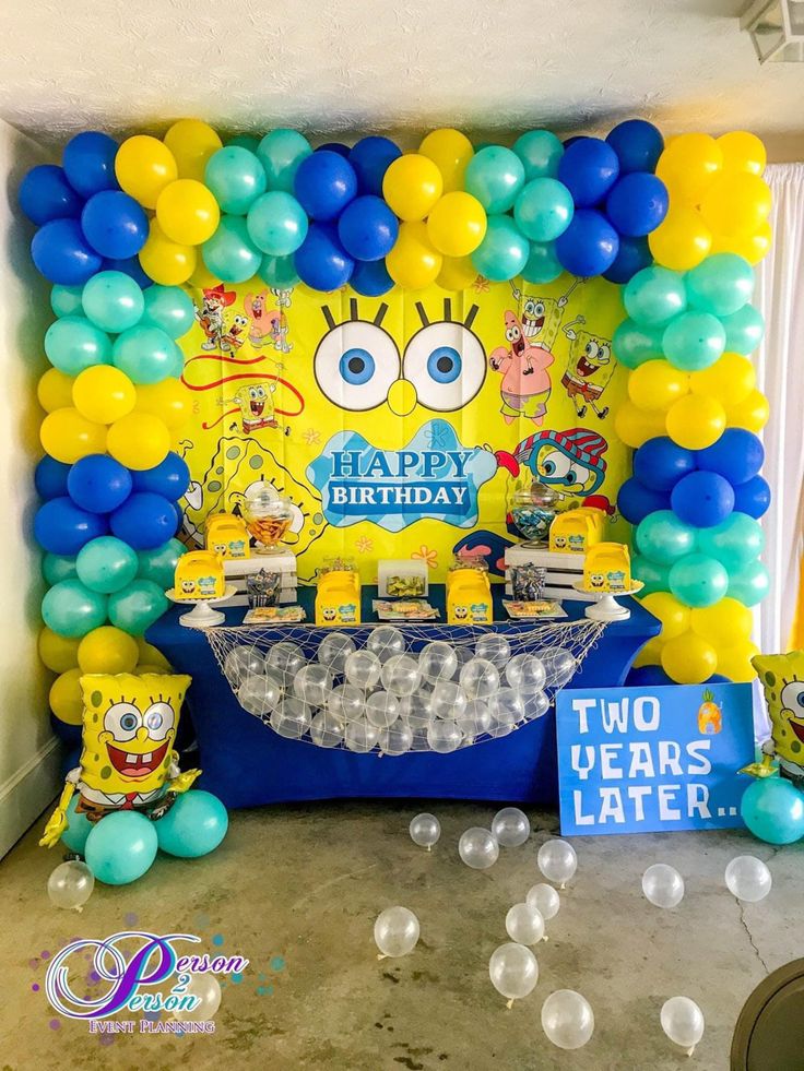 spongebob themed birthday party with balloons and decorations