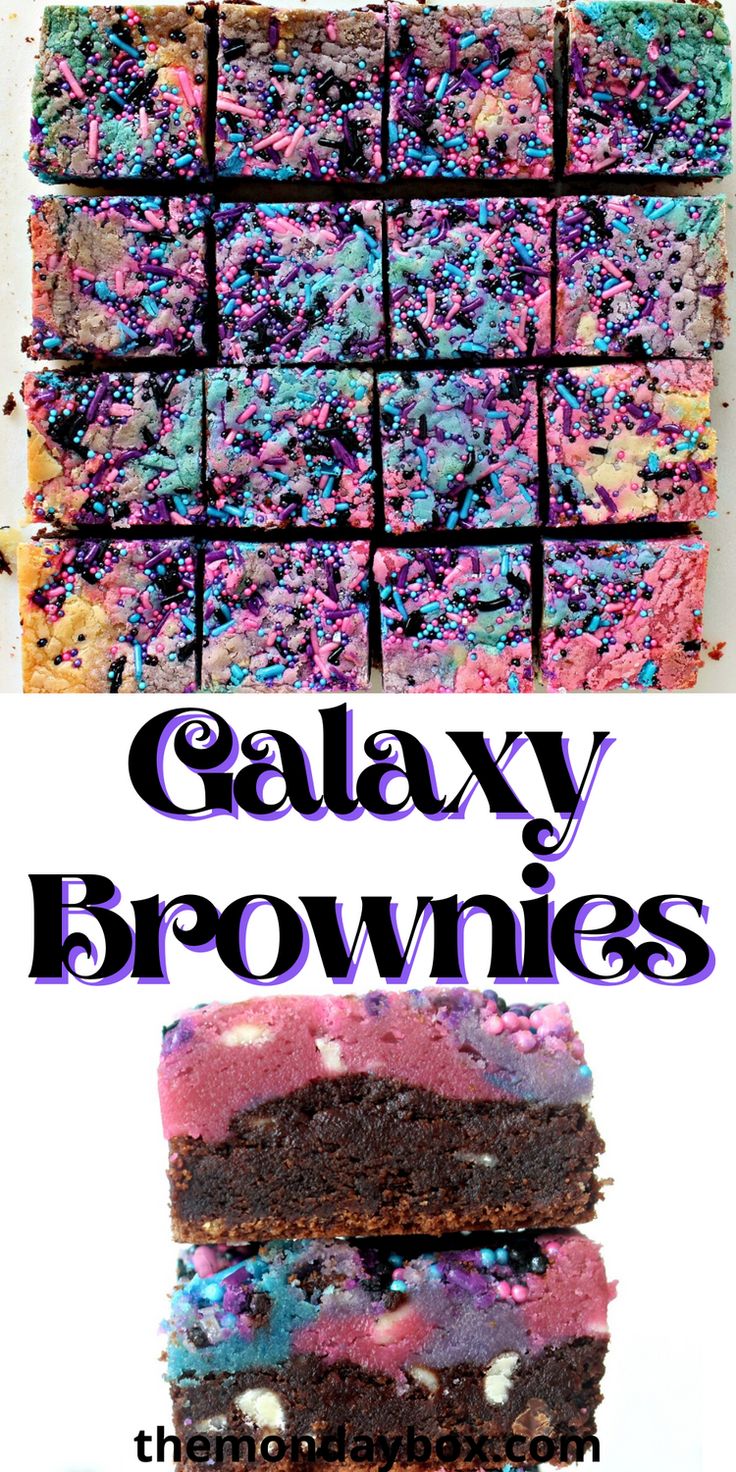 two pictures with the words galaxy brownies on them