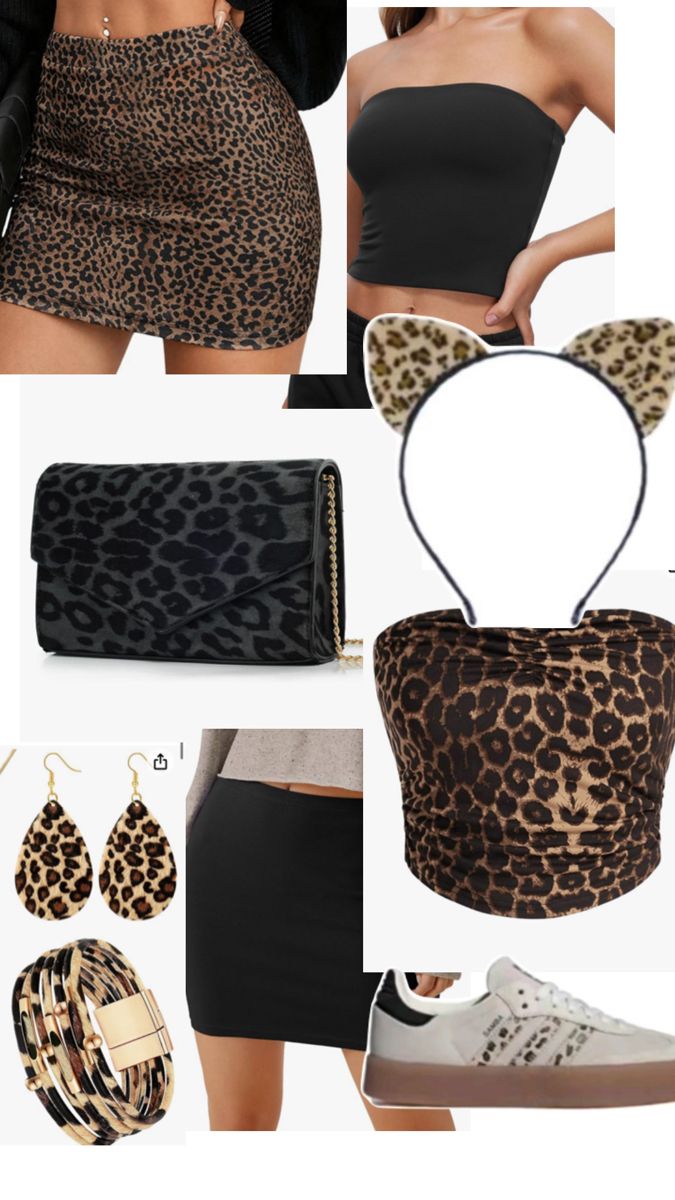 a woman in leopard print outfit and accessories including shoes, handbag, headband