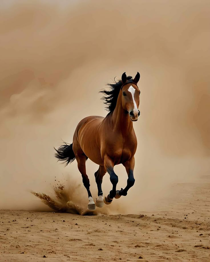 a brown horse running in the desert with dust behind it's back legs and tail