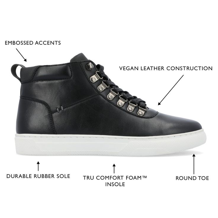 A comfy and cool look you'll want to sport every day the Oriz sneaker by Vance Co. This high-top style features an adjustable lace-up closure and soft vegan leather for a soft fit. A durable rubber sole lined with a 6 mm Tru Comfort Foam� grounds this fresh look. Modern Lace-up Sneakers For Fall, Leather High-top Sneakers With Elastic Laces, High-top Sneakers With Elastic Laces And White Sole, Mid-top High-top Sneakers With Elastic Laces, Modern High-top Sneakers With Elastic Laces For Streetwear, Athleisure High-top Sneakers With White Sole, High-top Leather Sneakers With Elastic Laces, Sporty Sneakers With Elastic Laces For Everyday, White Sole High-top Sneakers For Athleisure