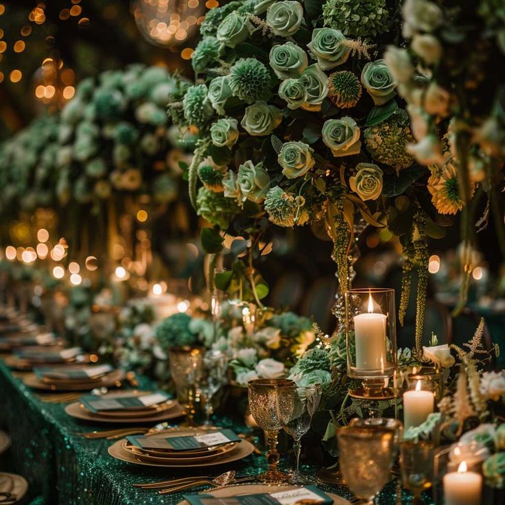 the table is set with green and gold plates, silverware, candles and flowers