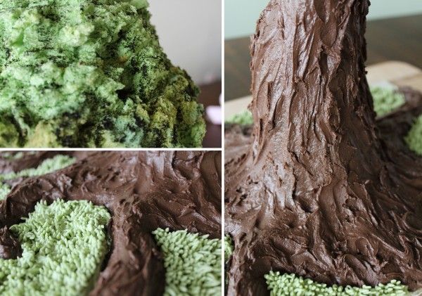 there is a cake that looks like a tree with green moss on it and then chocolate frosting