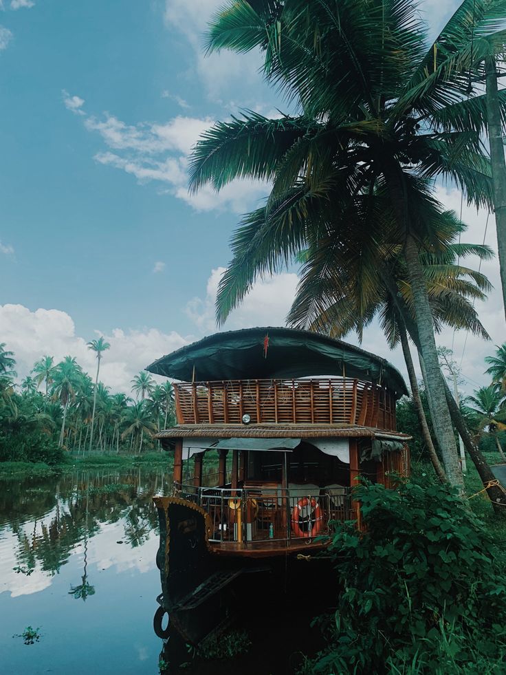 there is a boat that is floating on the water near palm trees and other greenery