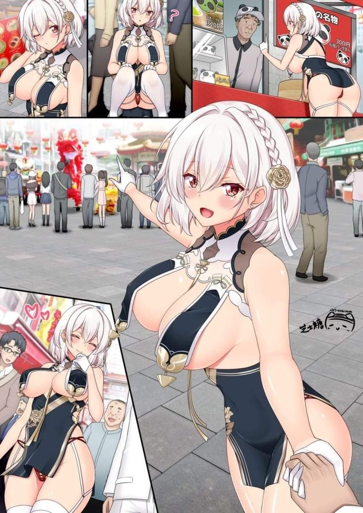 an image of a woman with white hair and no shirt in front of some people