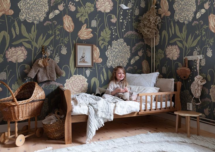 Aurelie Mural, Dark Blue - Wallpaper | Sandberg Wallpaper Dark Blue Girls Bedroom, Dark Blue Kids Room, Dark Kids Room, Peonies And Carnations, Wallpaper Childrens Room, Botanical Mural, Dark Nursery, Chinoiserie Garden, Children Wallpaper