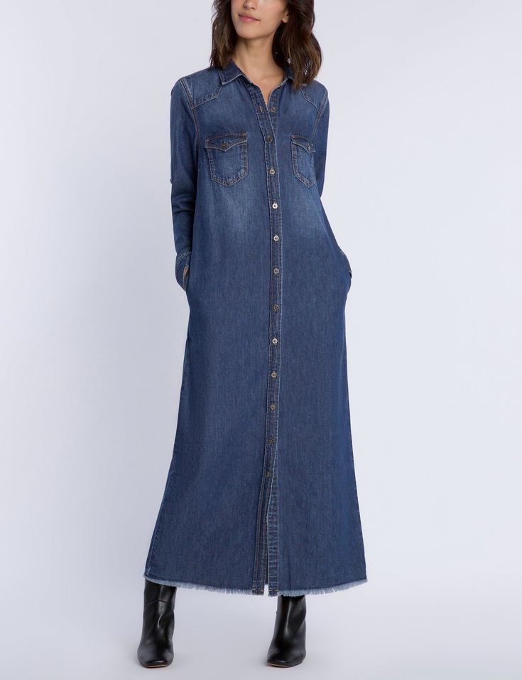 Denim Maxi Shirtdress Malibu Blue Front View Malibu Blue, Fall Wardrobe Essentials, Denim Maxi Dress, Crochet Maxi Dress, Crochet Maxi, Denim Maxi, Denim Maxi Skirt, Satin Gown, Made Clothing