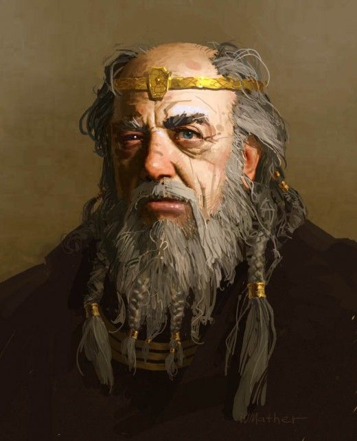 an old man with long white hair and beard wearing a gold chain around his neck