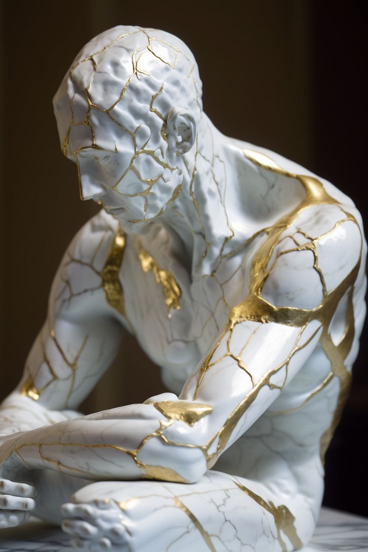 a white and gold statue sitting on top of a table