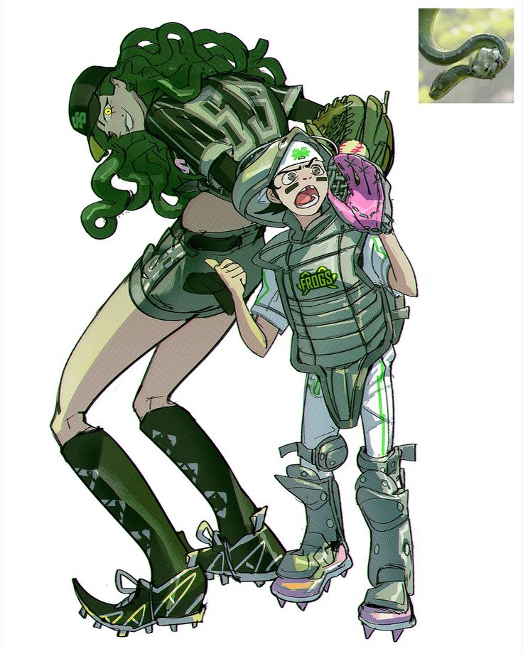 an image of a woman riding roller skates next to a man with green hair