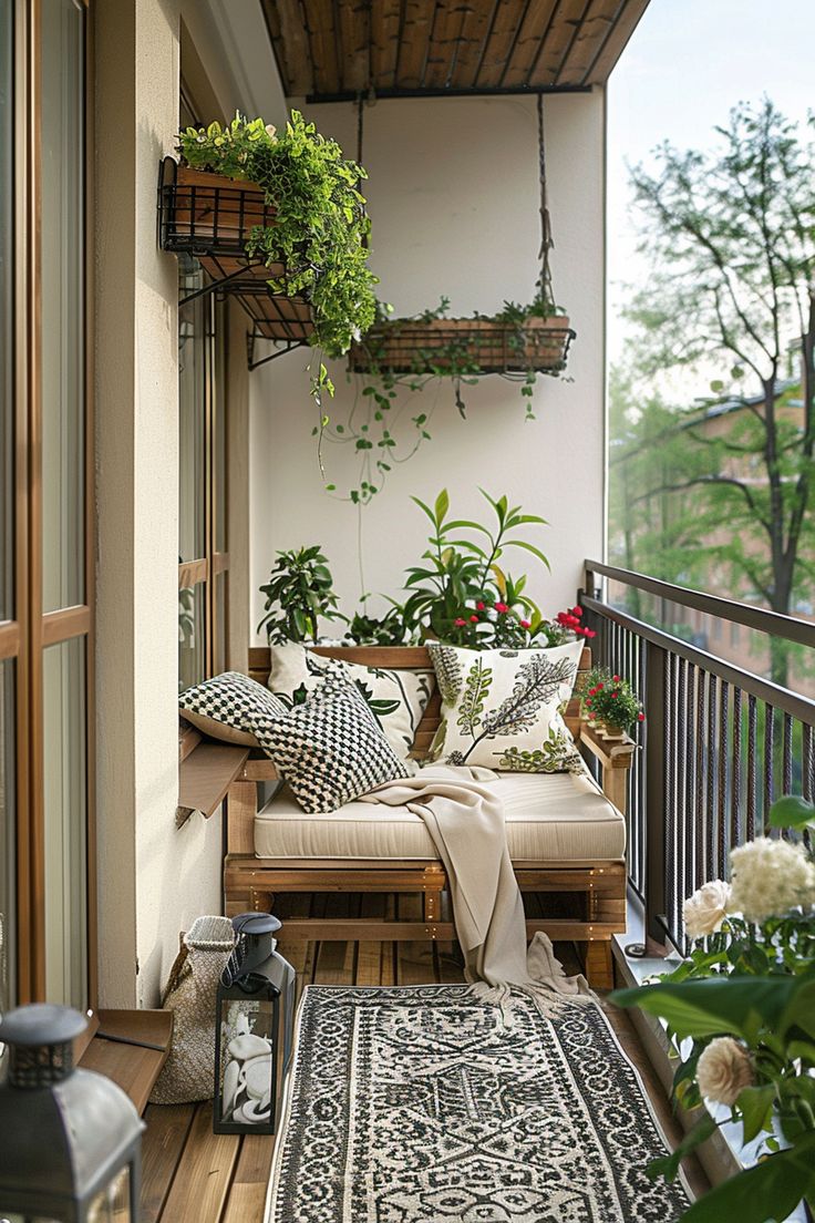 Cozy small balcony seating design featuring lush plants, comfortable pillows, and a stylish rug, perfect for relaxing outdoors. Rental Friendly Balcony Makeover, Narrow Balcony Garden, Balcony Bench Ideas, Small Balcony Seating Ideas, Small Balcony Bench, Cheap Balcony Ideas, Balcony Bench Seating, Decorate Small Balcony, Mini Balcony Ideas Apartment