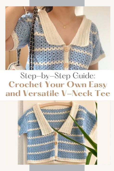 a woman wearing a blue and white crochet sweater with text that reads, step - by - step guide crochet your own easy and vers