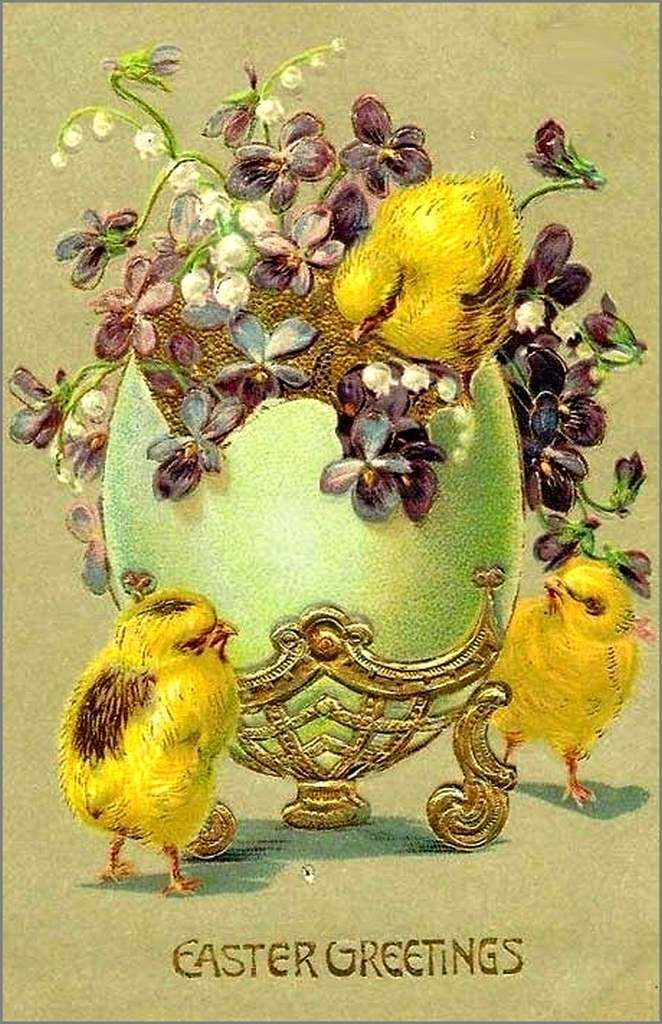 an old easter card with chicks and flowers