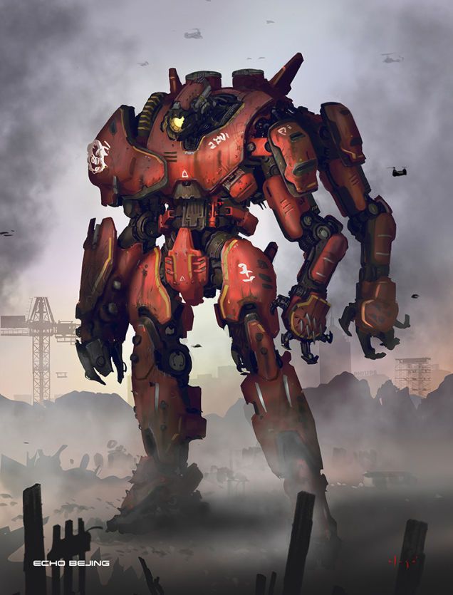 a painting of a giant robot standing in the middle of a field with other robots behind it