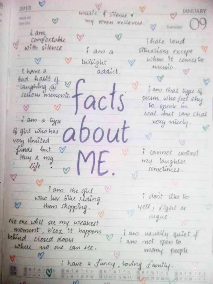 an open notebook with writing on it that says, fact about me