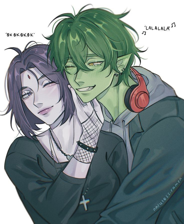 two people are hugging each other with headphones on their ears and one has green hair