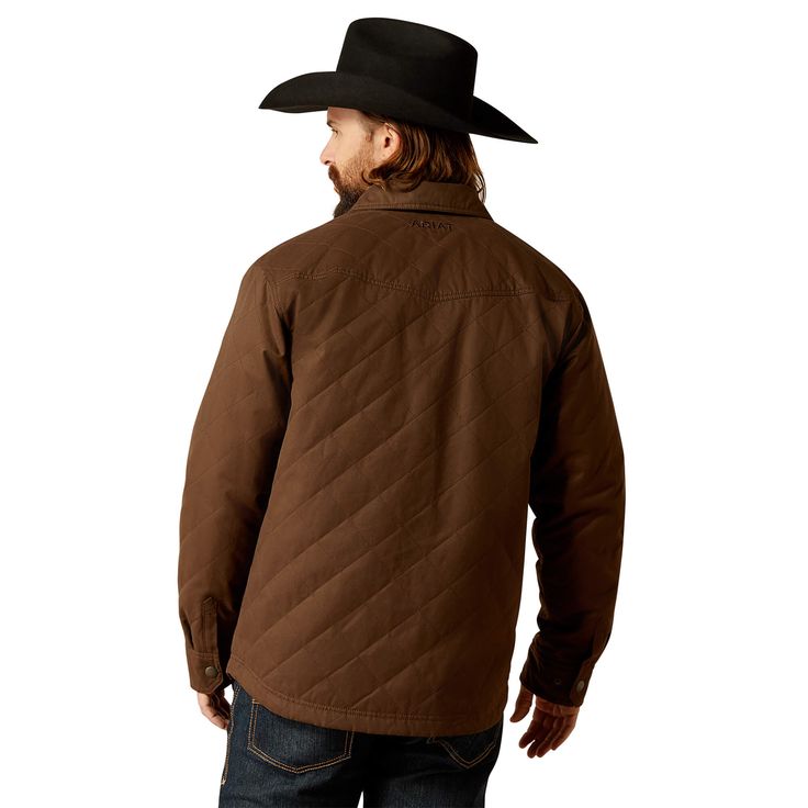 We lightened up our best-selling Grizzly Jacket, turning it into a versatile layer you'll throw on over everything. Wear it with a hoodie for trivia night or pair with a button-down for date night—diamond quilting adds warmth and style wherever you go. Grizzly Shirt Jacket | Product Features : 0 : Insulated, 1 : Snap-front closure | Men's Grizzly Shirt Jacket in Demitasse 60g insulation. Durable peached canvas shell. 57% Cotton, 35% Polyester, 8% Nylon. Imported, Size: XL by Ariat Cotton Quilted Jacket With Padded Collar, Outdoor Cotton Utility Jacket With Padded Collar, Brown Cotton Outerwear With Padded Collar, Long Sleeve Cotton Outerwear For Outdoor Work, Cotton Long Sleeve Outerwear For Outdoor Work, Rugged Cotton Outerwear For Outdoor Activities, Rugged Cotton Outerwear For Outdoor, Brown Cotton Utility Jacket For Cold Weather, Cotton Outerwear With Fleece Lining For Outdoor Work