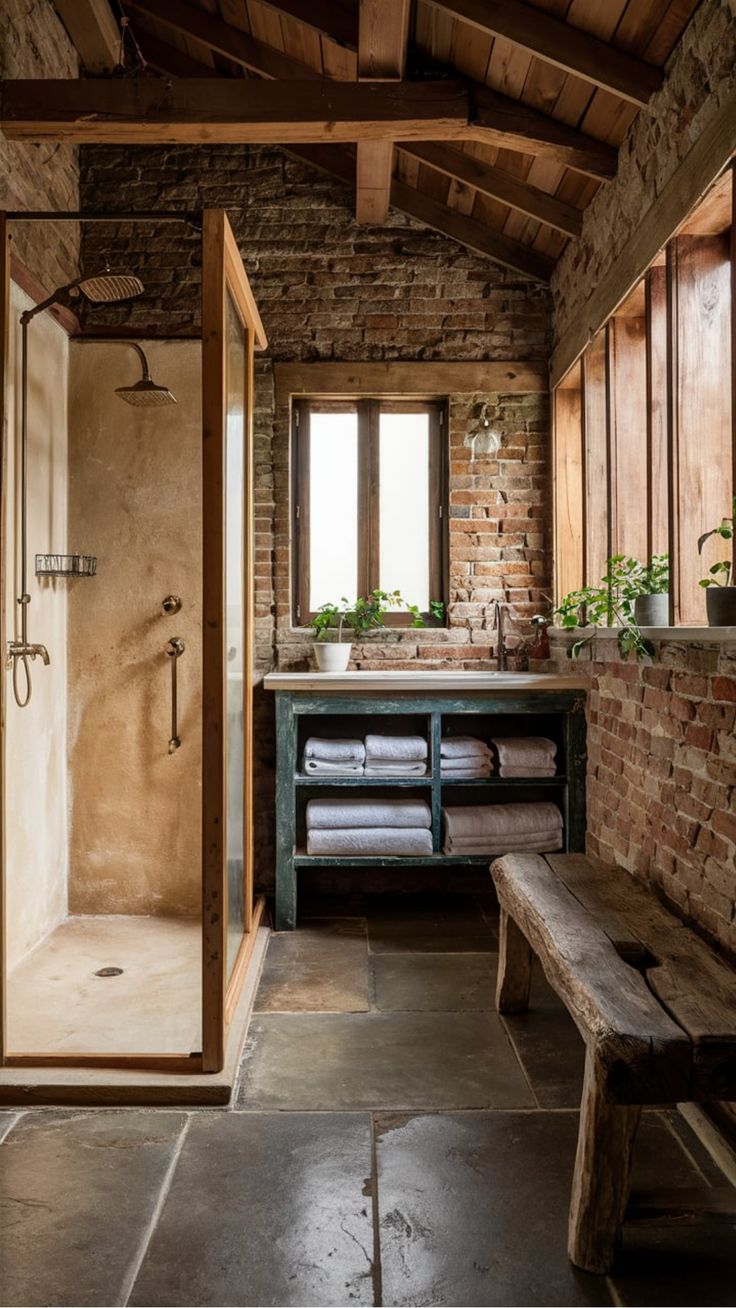 a bathroom with brick walls and stone flooring, along with a wooden bench in front of the shower