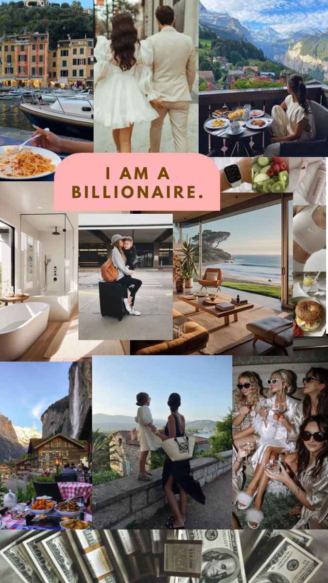 collage of photos with people and money on them, including the words i am a billionaire