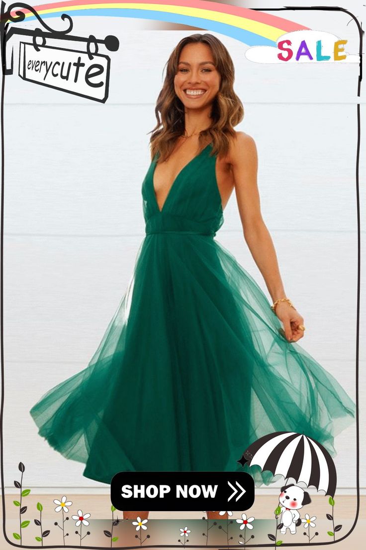 Women's New Summer Sexy Mesh Skirt V-neck Elegant Dress Dress Green V-neck Maxi Dress For Prom, Flirty V-neck Prom Dress, Green V-neck Maxi Dress For Night Out, V-neck Maxi Dress For Date Night, Spring V-neck Backless Dress, Backless V-neck Dress For Prom, Flirty V-neck Dress For Party Season, Summer V-neck Dress With Spaghetti Straps For Night Out, V-neck Backless Dress For Prom