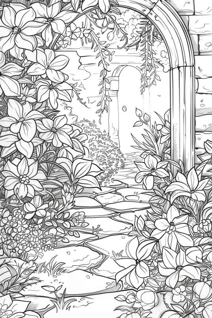 a drawing of a garden with flowers and plants in the foreground, an archway leading to