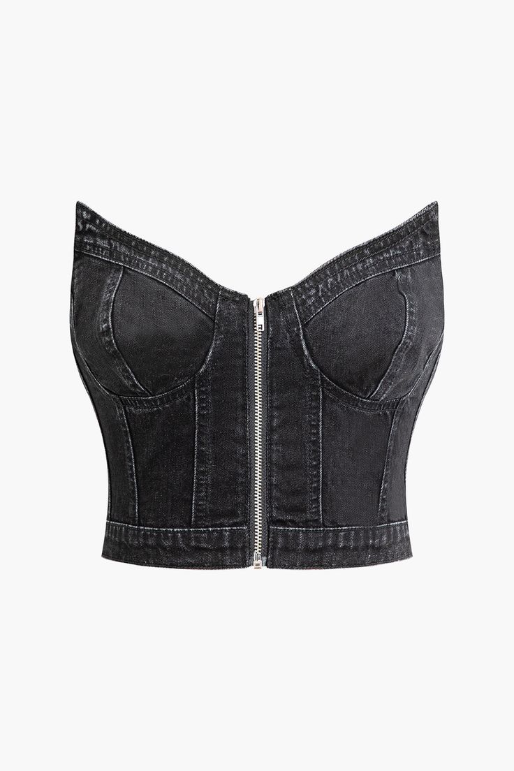 V-neck Zip-Up Strapless Bustier Top Denim Tube Top, Y2k Summer Outfits, Fashion 90s, Strapless Bustier, Trendy Summer Outfits, Top Streetwear, Bustier Top, List Style, Tops Fall