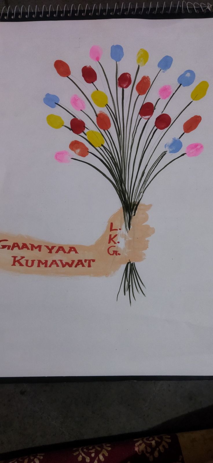 a drawing of a bunch of colorful flowers on a white paper with the words samiya kunmmar written below it