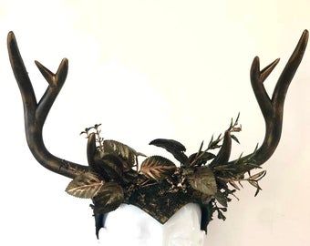 Antler Headdress Pagan, Deer Antler Headdress, Maleficent Headpiece, Fae Cosplay, Antler Headdress, Antler Crown, Masquerade Ball Masks, Deer Girl, Thank You Wishes