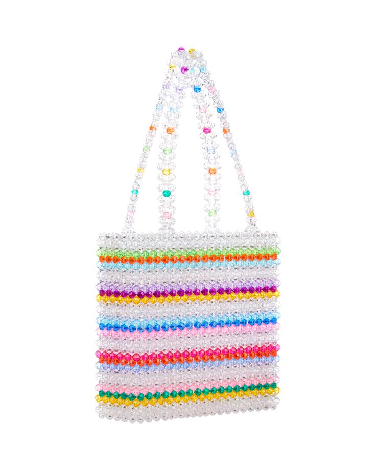 Our best selling multi-colored stripe beaded bag featuring double strap handles. This bag is made by hand! Please allow up to 3 weeks from the order date for your item to ship! Luxury Multicolor Rectangular Bucket Bag, Multicolor Shoulder Box Bag With Dust Bag, Luxury Handmade Multicolor Bag, Multicolor Double Handle Shoulder Bag With Dust Bag, Trendy Satchel With Dust Bag For Gift, Chic Double Handle Bag For Gift, Luxury Multicolor Everyday Bags, Multicolor Rectangular Satchel With Dust Bag, Trendy Shoulder Bag With Pearl Handle As Gift