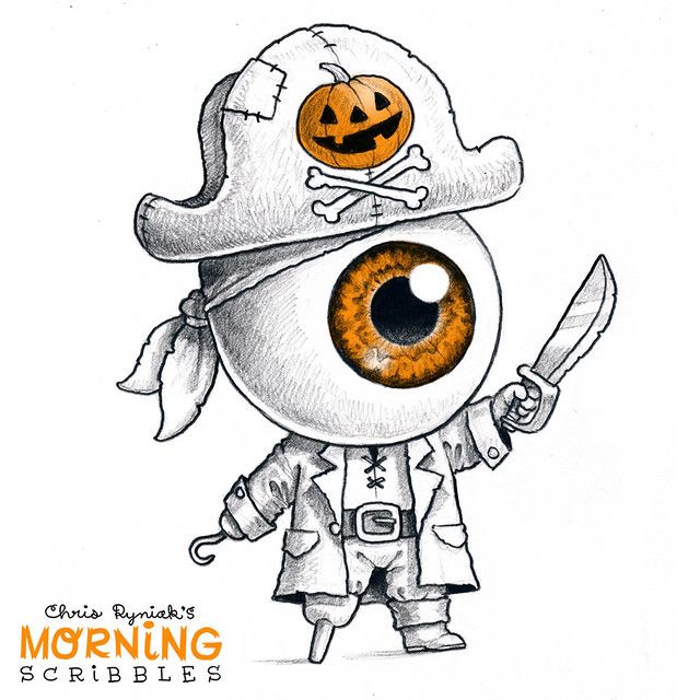 a drawing of an eyeball with a pirate's hat on and a knife in his hand