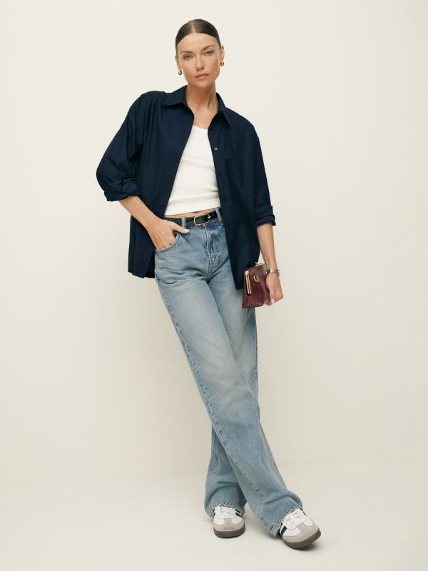 For it girls, by an it girl. Shop the Collins Shirt from Reformation, a classic button down shirt with a collared neckline. Dress Shirt And Jeans Women, Styling Men’s Dress Shirt For Women, Navy Blue Button Up Shirt Outfit, Navy Button Up, Cotton Button Up Shirt Women, Navy Button Up Shirt Women Outfit, How To Style A Collared Shirt, Navy T Shirt Outfit, Navy Shirt Outfit Woman