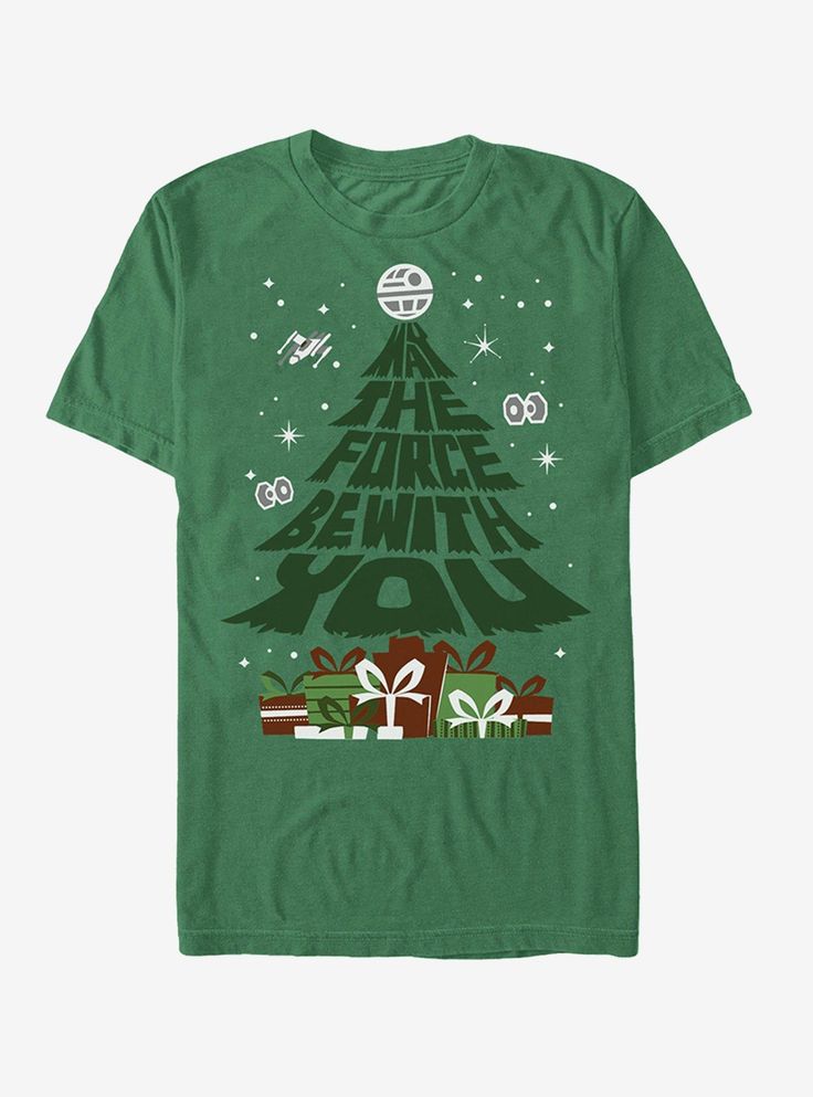 This holiday season  stick to the gift that keeps on giving: the Star Wars May the Gifts Be With You Kelly Green T-Shirt! The Death Star sits atop a Christmas tree that spells out "May the Force Be With You" printed on the front of this awesome green Star Wars Christmas shirt. 100% Cotton. Starwars Christmas, Disney Christmas Shirts, Star Wars Quotes, Star Wars Halloween, Star Wars Men, Star Wars Tattoo, Star Wars Christmas, Green Star, T Shirt World