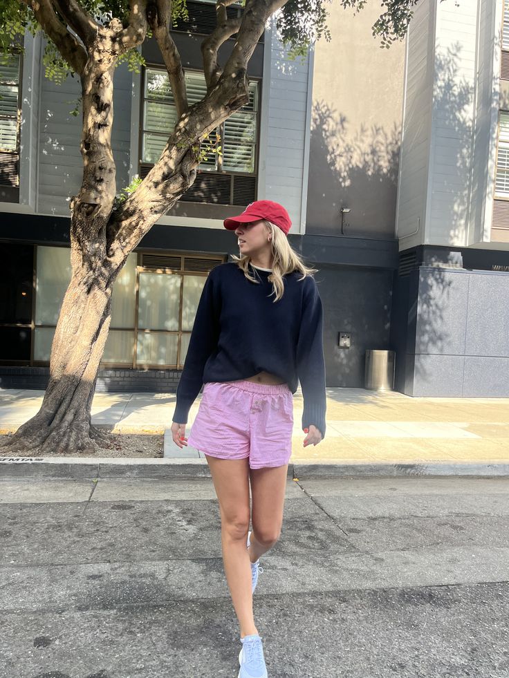 red and blue outfit fall inspiration boxer short trend Boxer Short Outfits, Boxers Outfit Female, Boxer Shorts For Women Outfit, Pajamas Shorts Outfit, Red Shorts Outfit, Boxer Outfit, Striped Shorts Outfit, Boxer Shorts Outfit, Womens Boxer Shorts