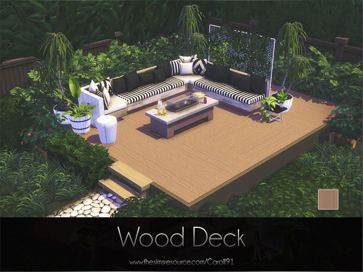 an outdoor living area with couches, coffee table and potted plants on the deck