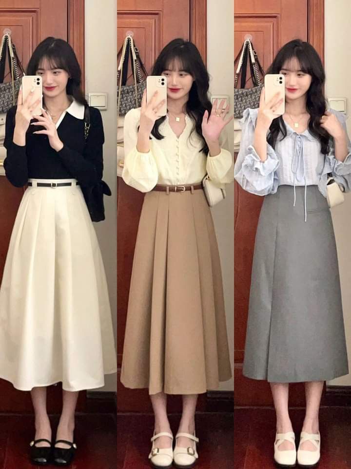 Korea Work Outfit, Modest Girly Outfits, Rok Outfit, Simple Style Outfits, Long Skirt Fashion, Fashion Top Outfits, Korean Casual Outfits, Everyday Fashion Outfits, Korean Fashion Dress