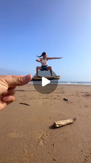 a person doing yoga on the beach with their hand in front of them and an image of a woman sitting on a surfboard