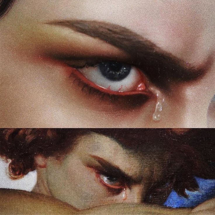 two pictures of the same woman's eyes with tears