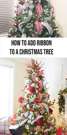 Ways To Put Ribbon On Christmas Tree, Christmas Tree Ribbon Tutorial, Christmas Tree Ribbon Garland, Christmas Tree Decorations Ribbon, Floral Christmas Tree, Diy Tree Decor, Christmas Tree Ribbon, Christmas Decorations Centerpiece, Grinch Christmas Tree