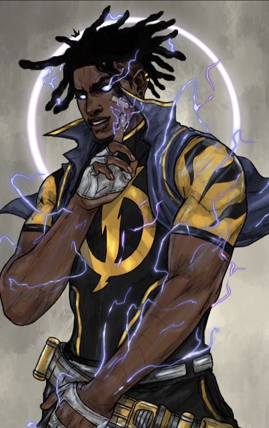 a drawing of a man with dreadlocks and lightning in his hair holding a cell phone