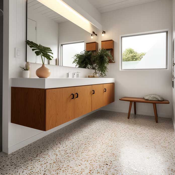 a bathroom with a sink, mirror and wooden cabinetry on the wall next to a bench