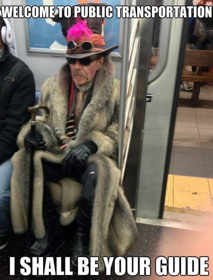 an old man sitting on a subway car wearing a hat and fur coat with the words welcome to public transportation i shall be your guide